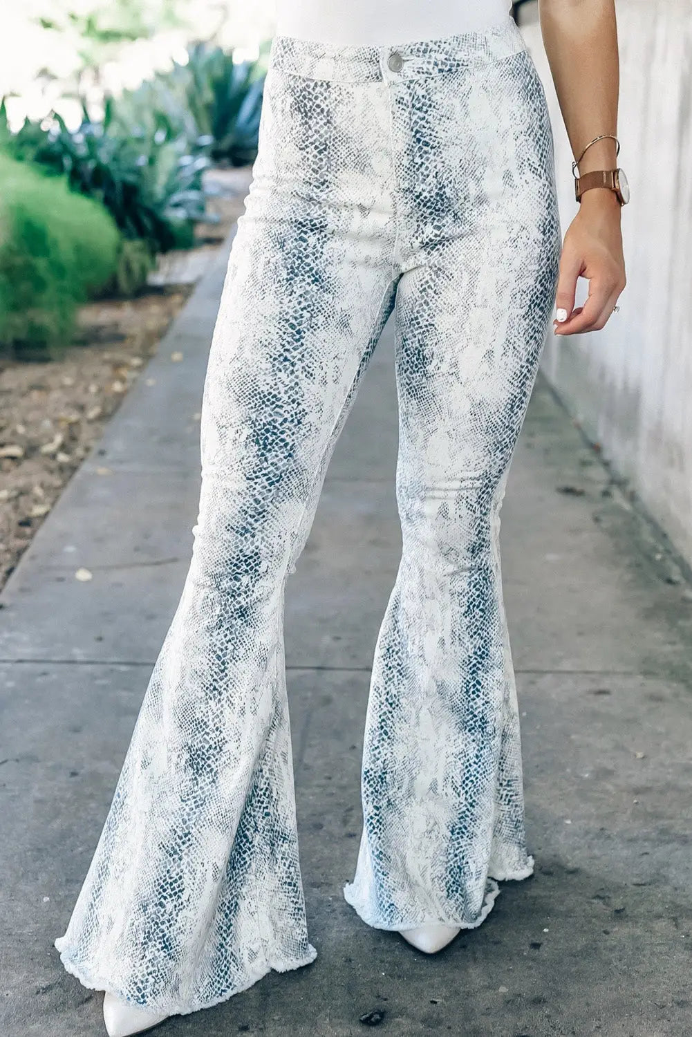 White western fashion high waist snakeskin print flare pants - l / 98% cotton + 2% elastane - wide leg