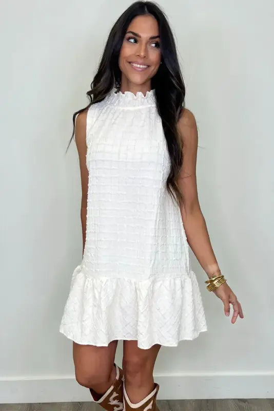 White whisper ruffled mini mini dress