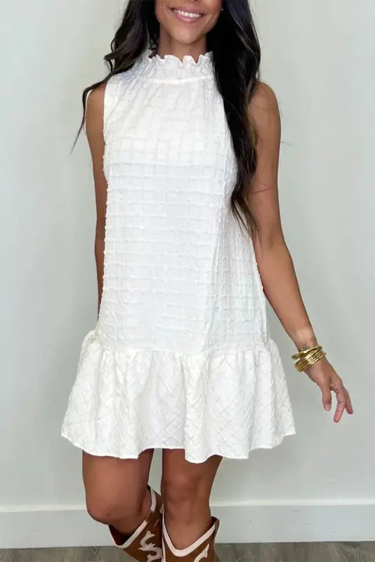 White whisper ruffled mini mini dress