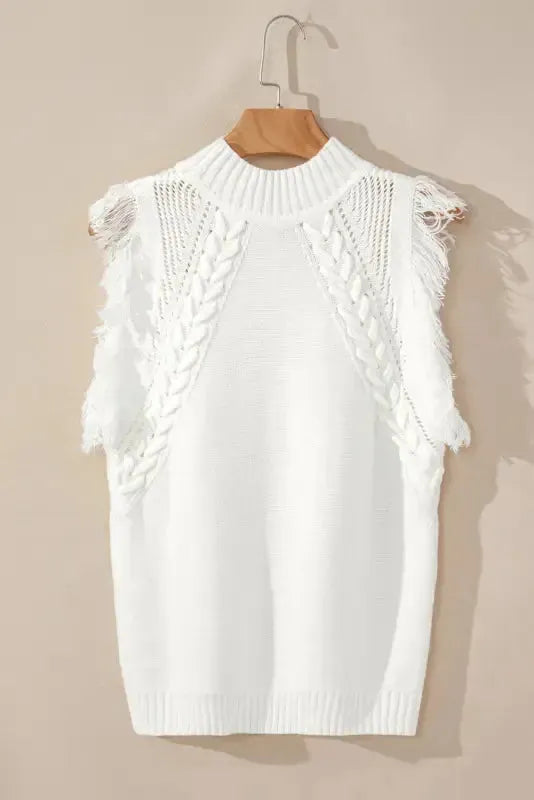 White Woven Tasseled Sleeveless Mock Neck Sweater Vest - Fashionfitz
