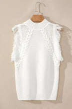 White Woven Tasseled Sleeveless Mock Neck Sweater Vest - Fashionfitz