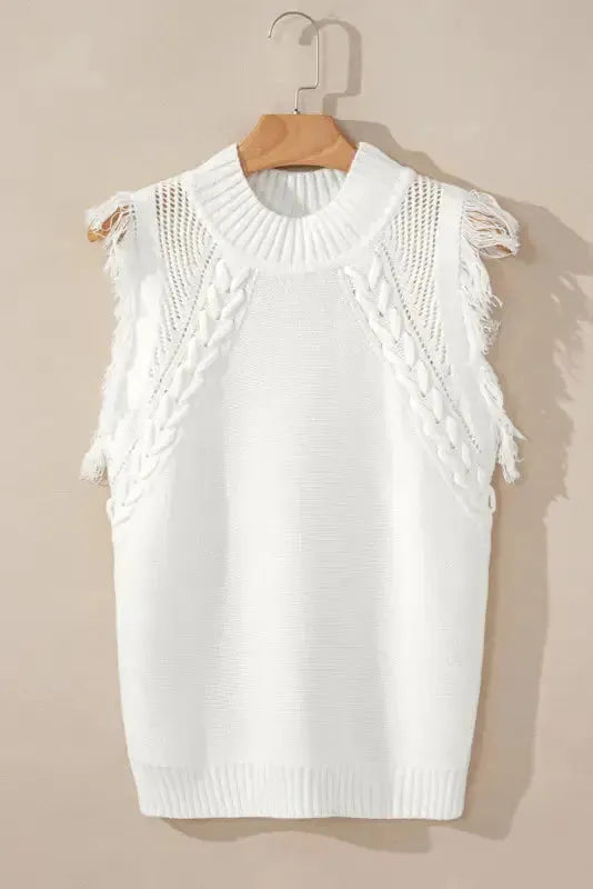 White Woven Tasseled Sleeveless Mock Neck Sweater Vest - Fashionfitz