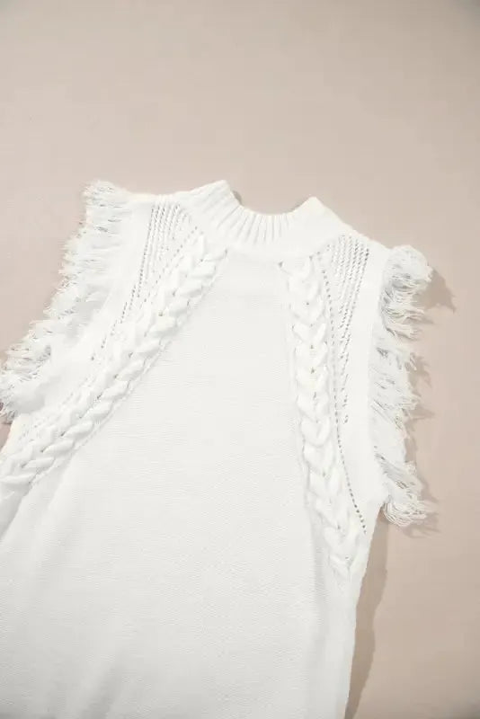 White Woven Tasseled Sleeveless Mock Neck Sweater Vest - Fashionfitz