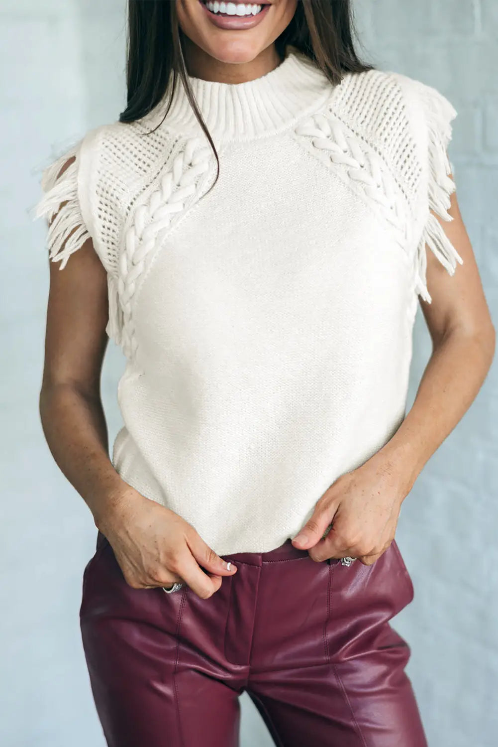 White woven tasseled sleeveless mock neck sweater vest - l / 100% acrylic - sweaters & cardigans