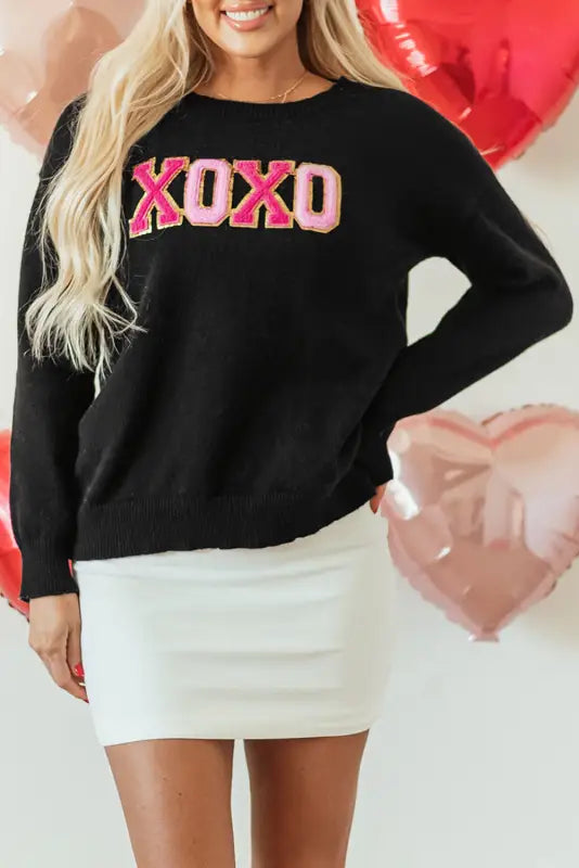 White xoxo glitter print round neck casual sweater