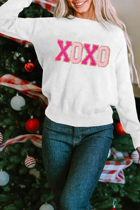 White xoxo glitter print round neck casual sweater