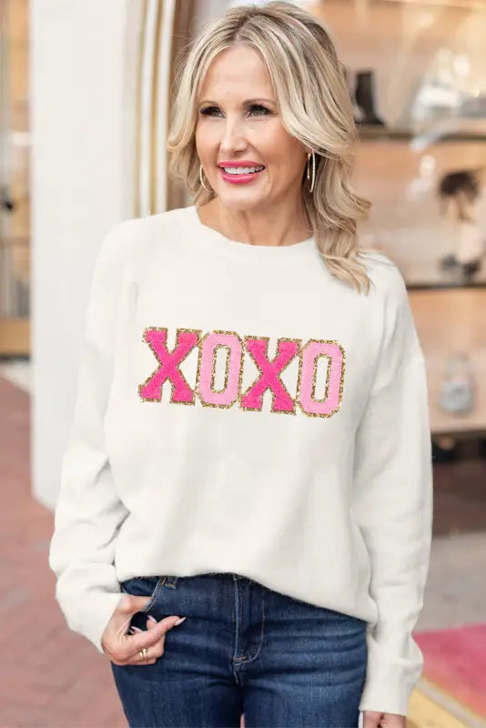 White xoxo glitter print round neck casual sweater