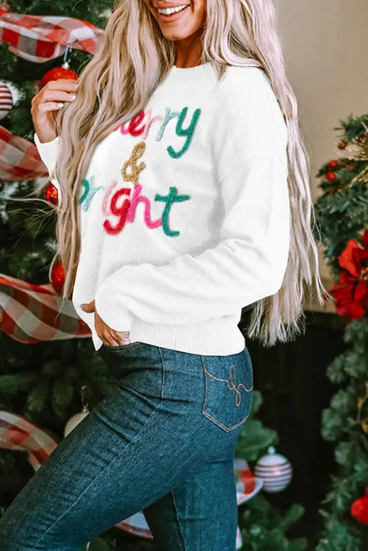 White xoxo glitter print round neck casual sweater