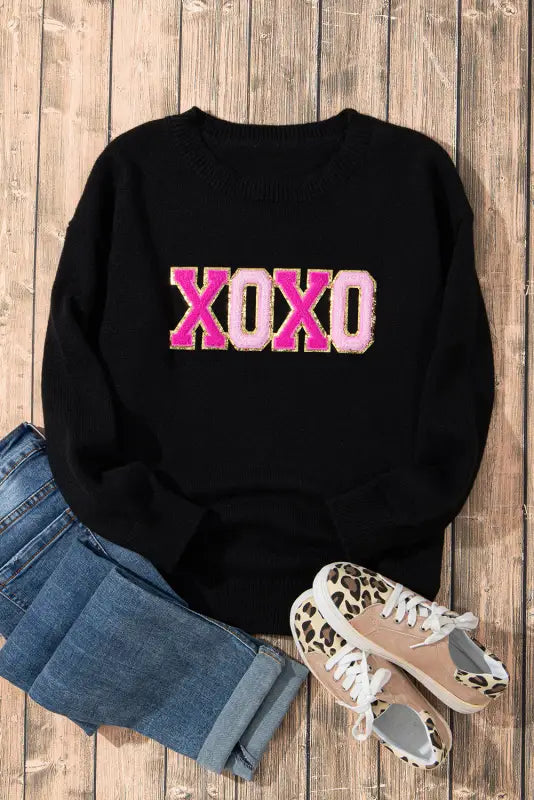 White xoxo glitter print round neck casual sweater