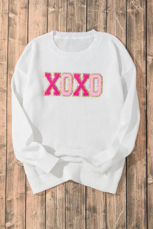 White xoxo glitter print round neck casual sweater