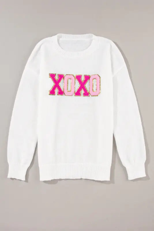 White xoxo glitter print round neck casual sweater