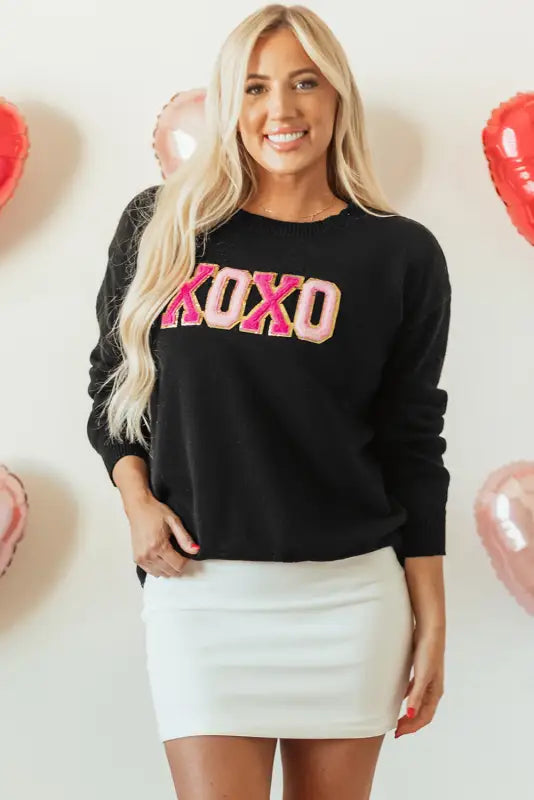 White xoxo glitter print round neck casual sweater