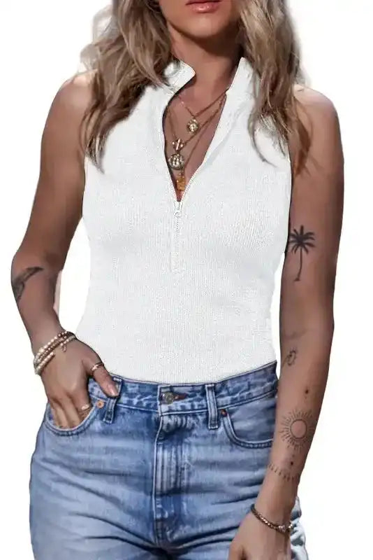 White Zip-up Bodysuit - Mock Neck Ribbed Sleeveless - Fashionfitz