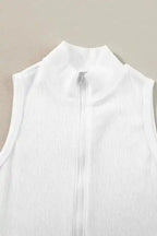 White Zip-up Bodysuit - Mock Neck Ribbed Sleeveless - Fashionfitz
