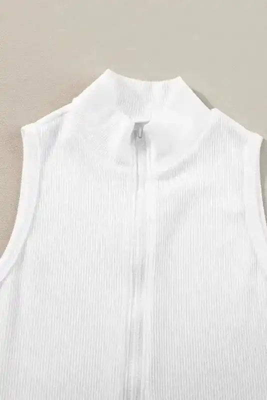 White Zip-up Bodysuit - Mock Neck Ribbed Sleeveless - Fashionfitz