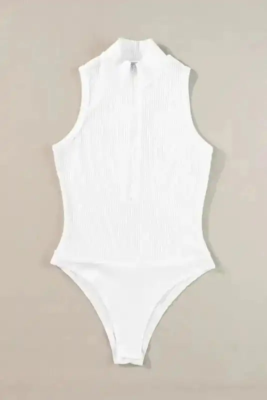 White Zip-up Bodysuit - Mock Neck Ribbed Sleeveless - Fashionfitz
