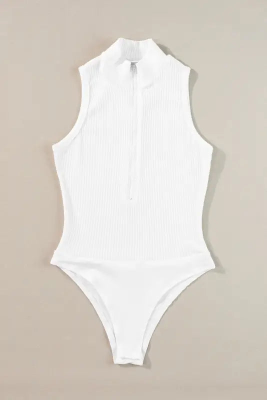 White zip-up bodysuit - mock neck ribbed sleeveless, perfect for relax relax comfort