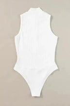 White Zip-up Bodysuit - Mock Neck Ribbed Sleeveless - Fashionfitz