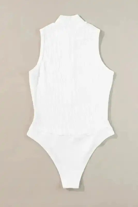 White Zip-up Bodysuit - Mock Neck Ribbed Sleeveless - Fashionfitz