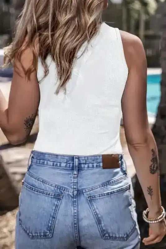 White Zip-up Bodysuit - Mock Neck Ribbed Sleeveless - Fashionfitz