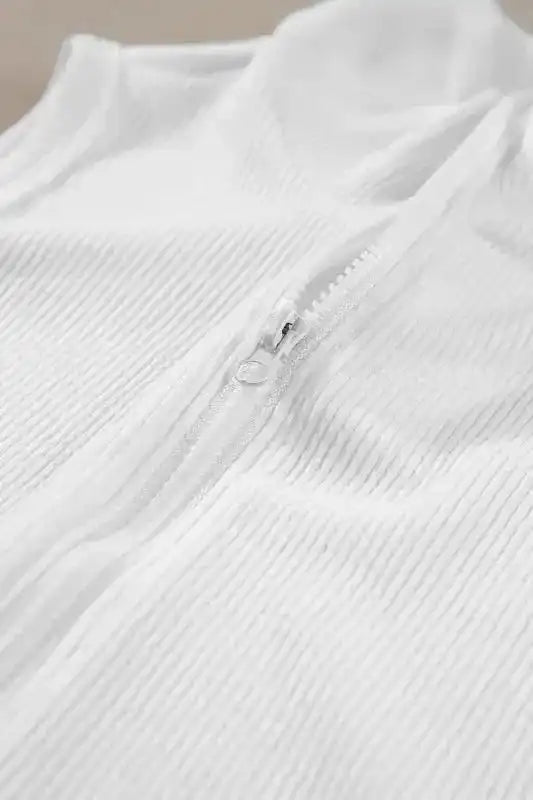 White Zip-up Bodysuit - Mock Neck Ribbed Sleeveless - Fashionfitz