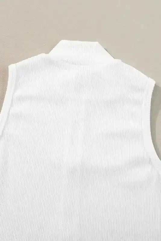 White Zip-up Bodysuit - Mock Neck Ribbed Sleeveless - Fashionfitz