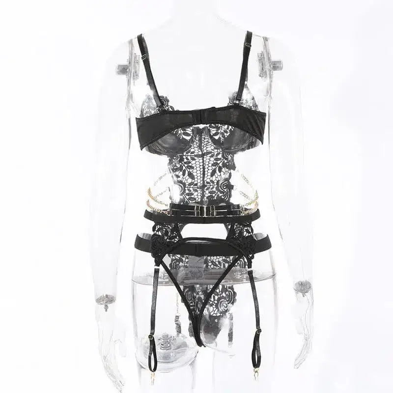 Black cutout metal chain bustiers - garter sets