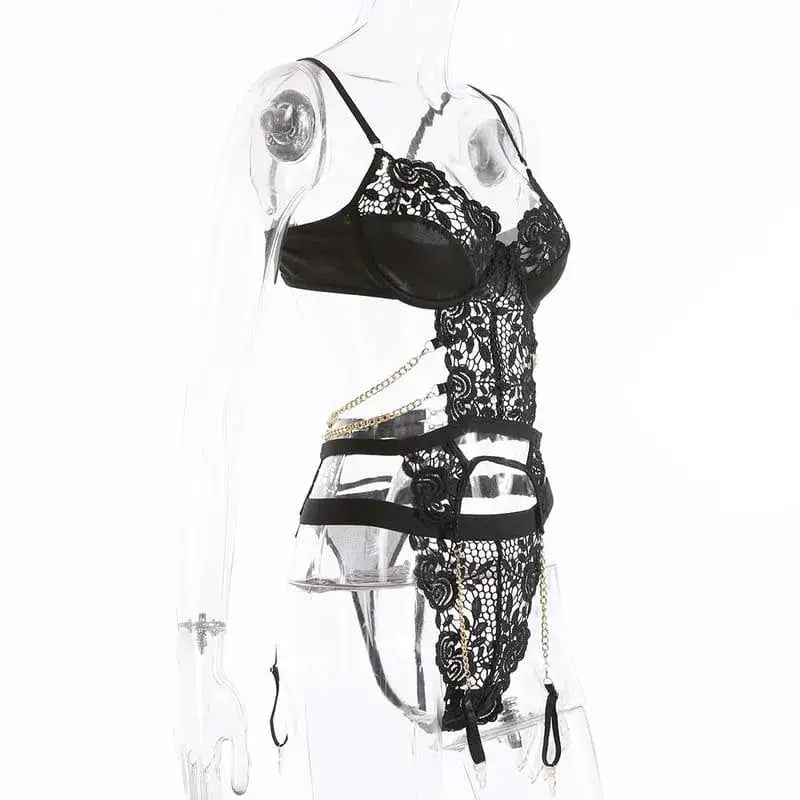 Black cutout metal chain bustiers - garter sets