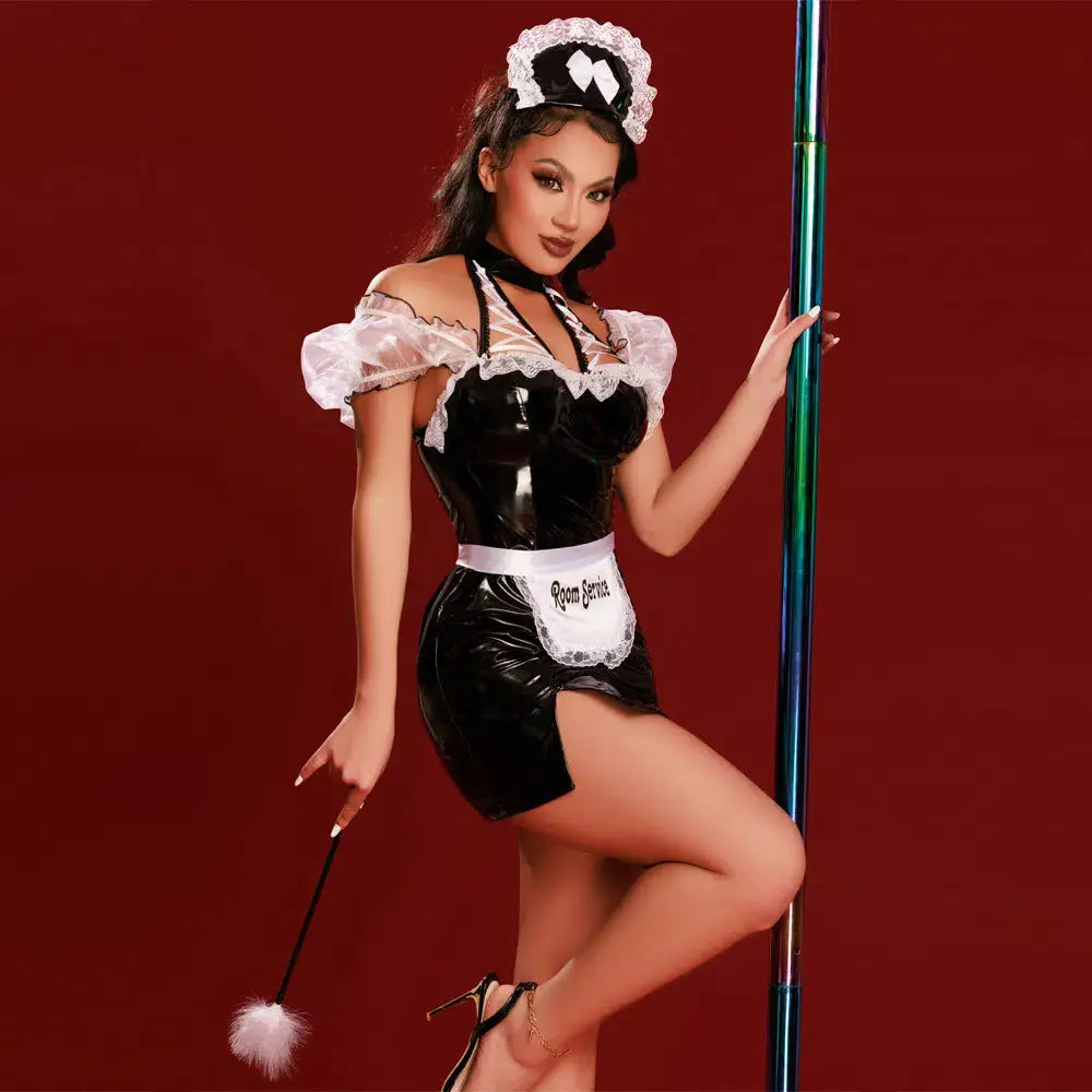 Black pu naughty french maid uniform - free - cosplay lingerie