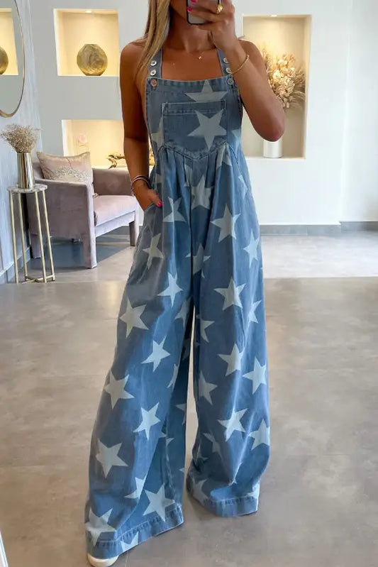 Wide leg denim overall - star print buttoned strap pleat - white / s / 72% cotton + 26% polyester + 2% elastane