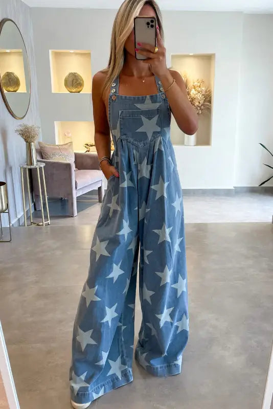 Wide leg denim overall - star print buttoned strap pleat - bottoms/jumpsuits & rompers