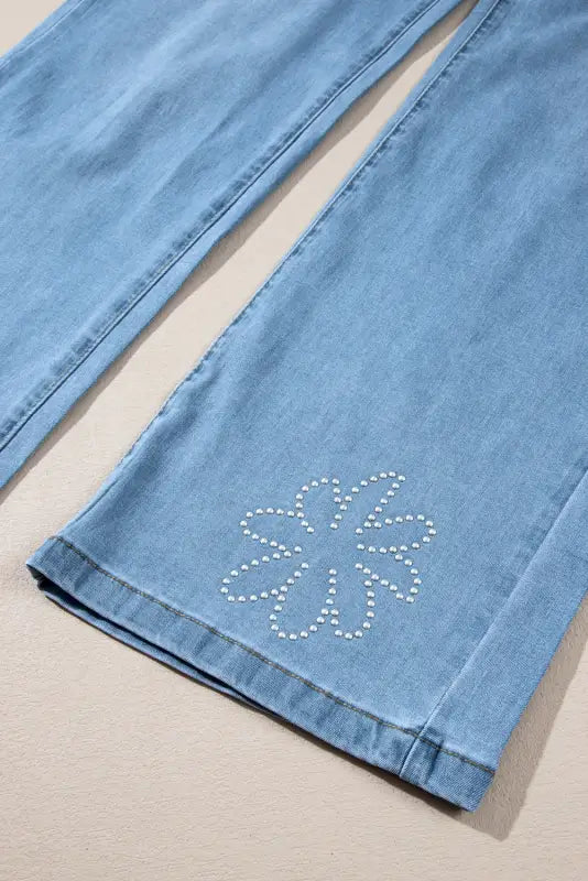 Wide leg jeans - light blue floral rhinestone decor high rise - bottoms/jeans