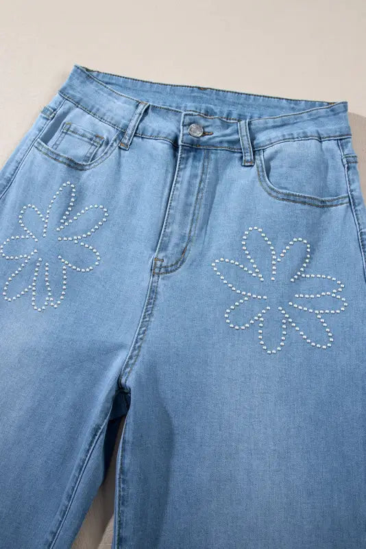 Wide leg jeans - light blue floral rhinestone decor high rise - bottoms/jeans