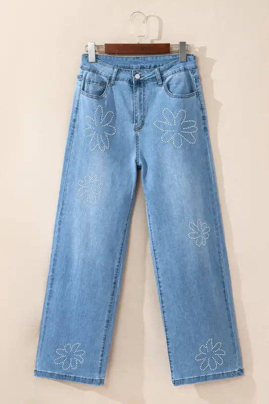 Wide leg jeans - light blue floral rhinestone decor high rise - bottoms/jeans