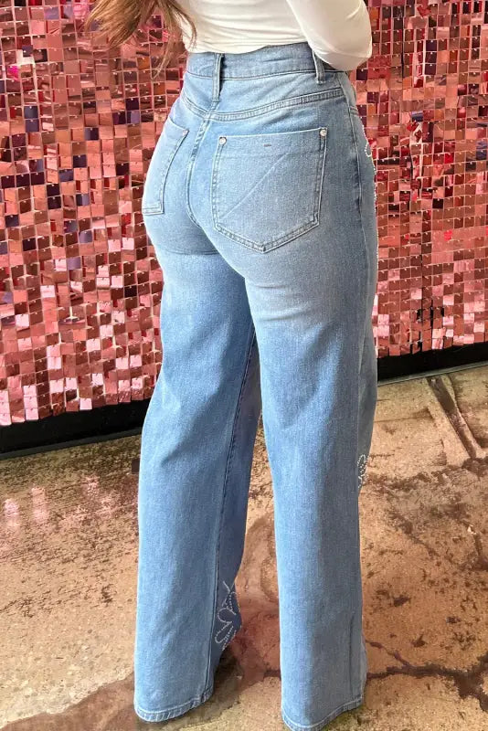 Wide leg jeans - light blue floral rhinestone decor high rise - bottoms/jeans