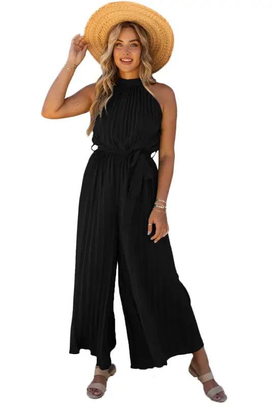 Wide leg jumpsuit - halter neck pleated - jumpsuits