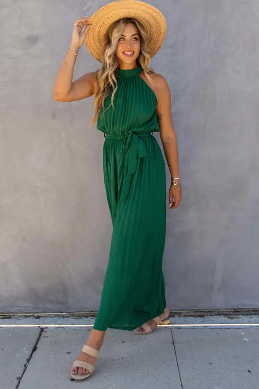 Wide leg jumpsuit - halter neck pleated - jumpsuits