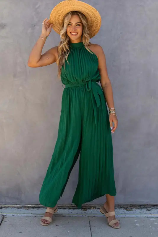 Wide leg jumpsuit - halter neck pleated - jumpsuits