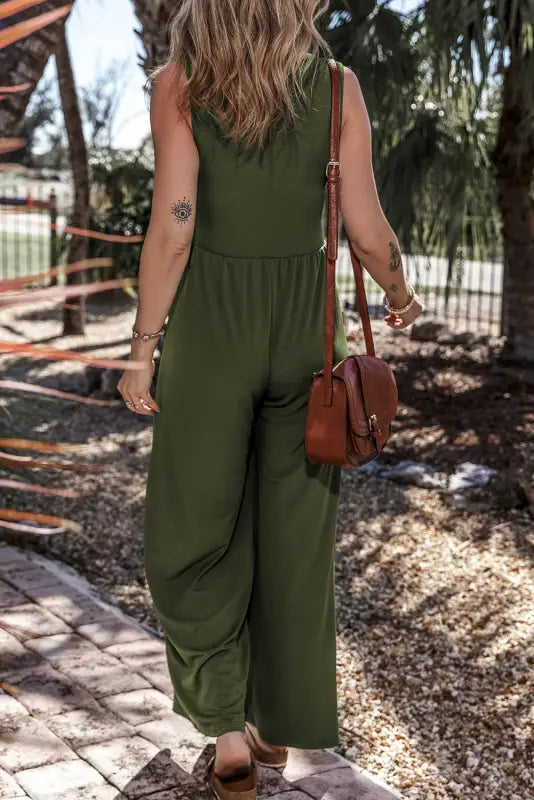 Wide leg jumpsuit - moss green sleeveless v neck ruched - jumpsuits