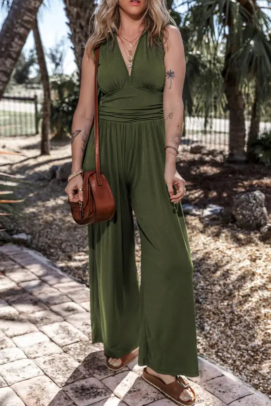 Wide leg jumpsuit - moss green sleeveless v neck ruched - s / 95% polyester + 5% elastane - jumpsuits