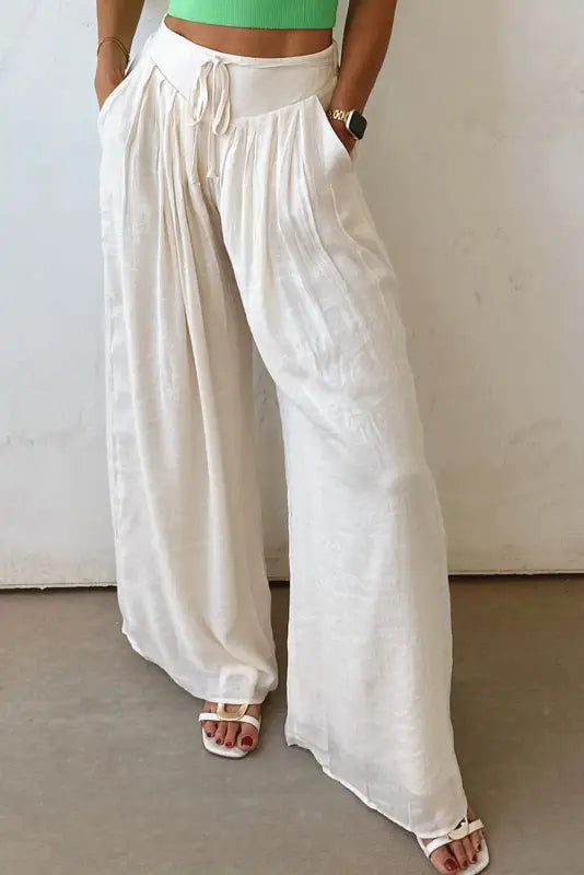 Wide leg linen pants in white casual tie waist