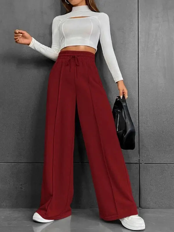 Wide leg loose sweatpants casual trousers - wine red / s