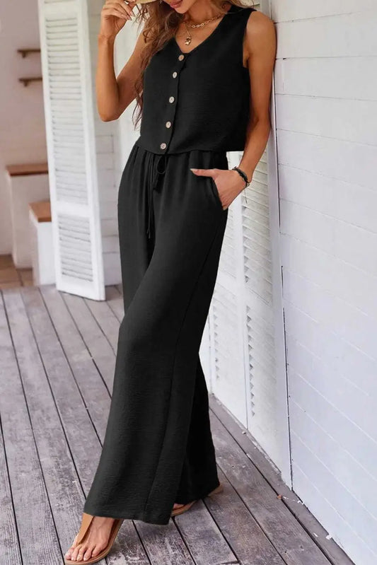 Two Piece Pant Sets Black / S / 100%Polyester Luxury Wide Leg Co-ord Set – Trendy Matching Lounge Outfit