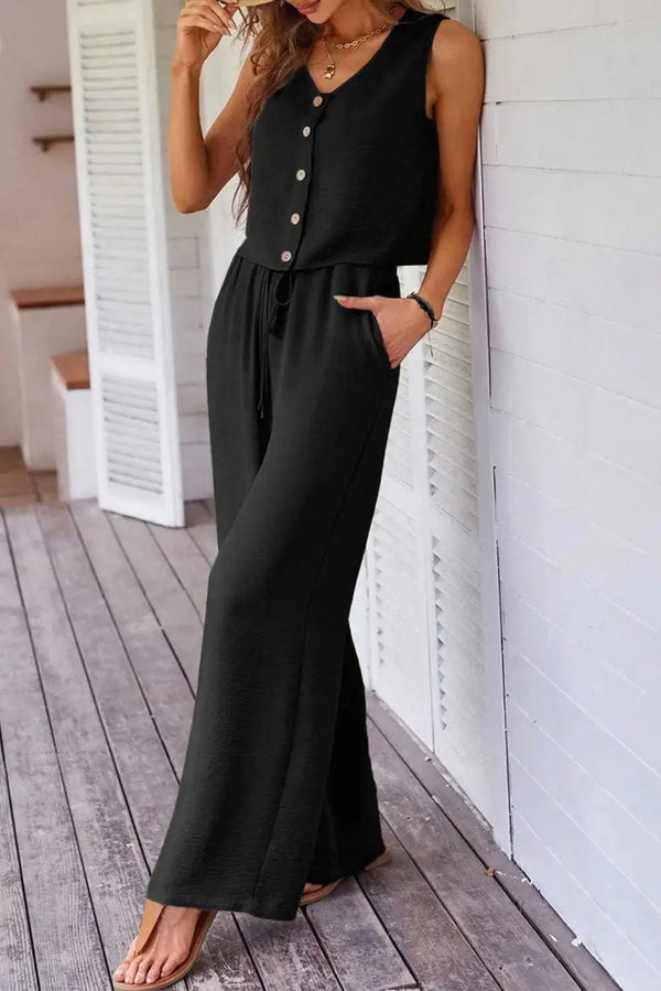 Black luxury wide leg lounge matching co-ord set front view — Fashionfitz UK