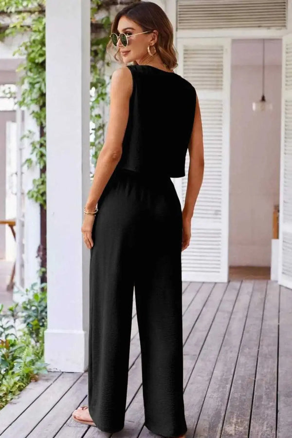 Black luxury wide leg co-ord set back view — Fashionfitz UK