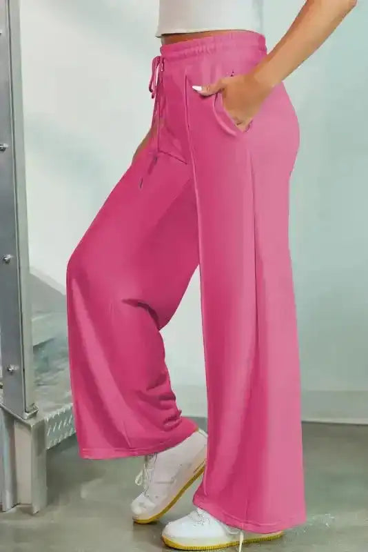 Wide Leg Sweatpants - Rose Red Terry Knit - Fashionfitz