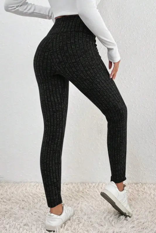 Dark grey wide waistband ribbed textured knit leggings