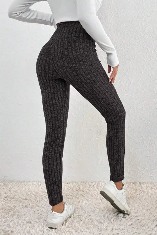 Dark grey wide waistband ribbed textured knit leggings