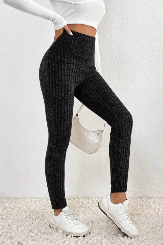 Dark grey wide waistband ribbed textured knit leggings