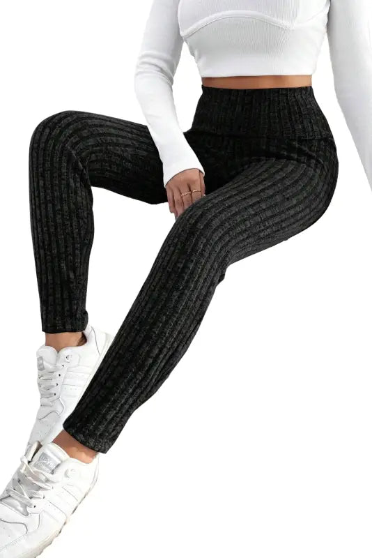 Dark grey wide waistband ribbed textured knit leggings